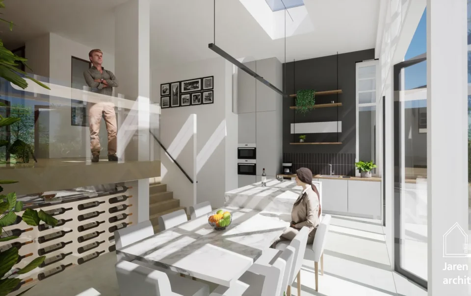 Open woonkeuken architect render impressie baksteen glas verbouwing